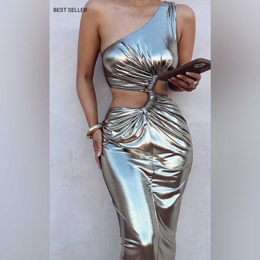 JLUXLABEL Gold Jove One Shoulder Maxi Dress Metallic Cutout Dress